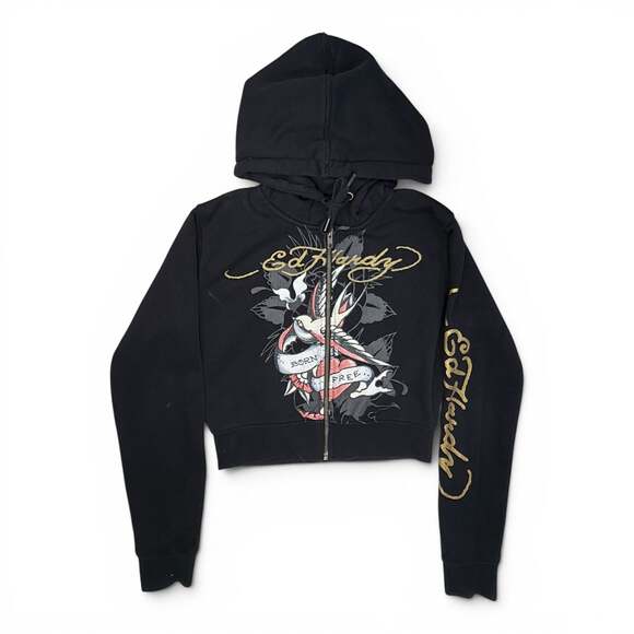 Ed Hardy Tops - Ed Hardy Born Free Bird & Rose Cropped Zip-Up Hoodie Size M